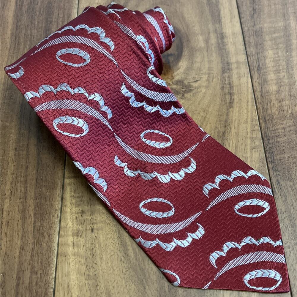 Mens Vtg Necktie Classic Shiny Red & White Jazz Tie Italy Atomic Art Deco 70s